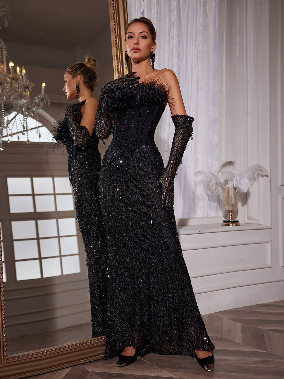 Sequin Strapless Feather Corset High Split Mermaid Maxi Dress