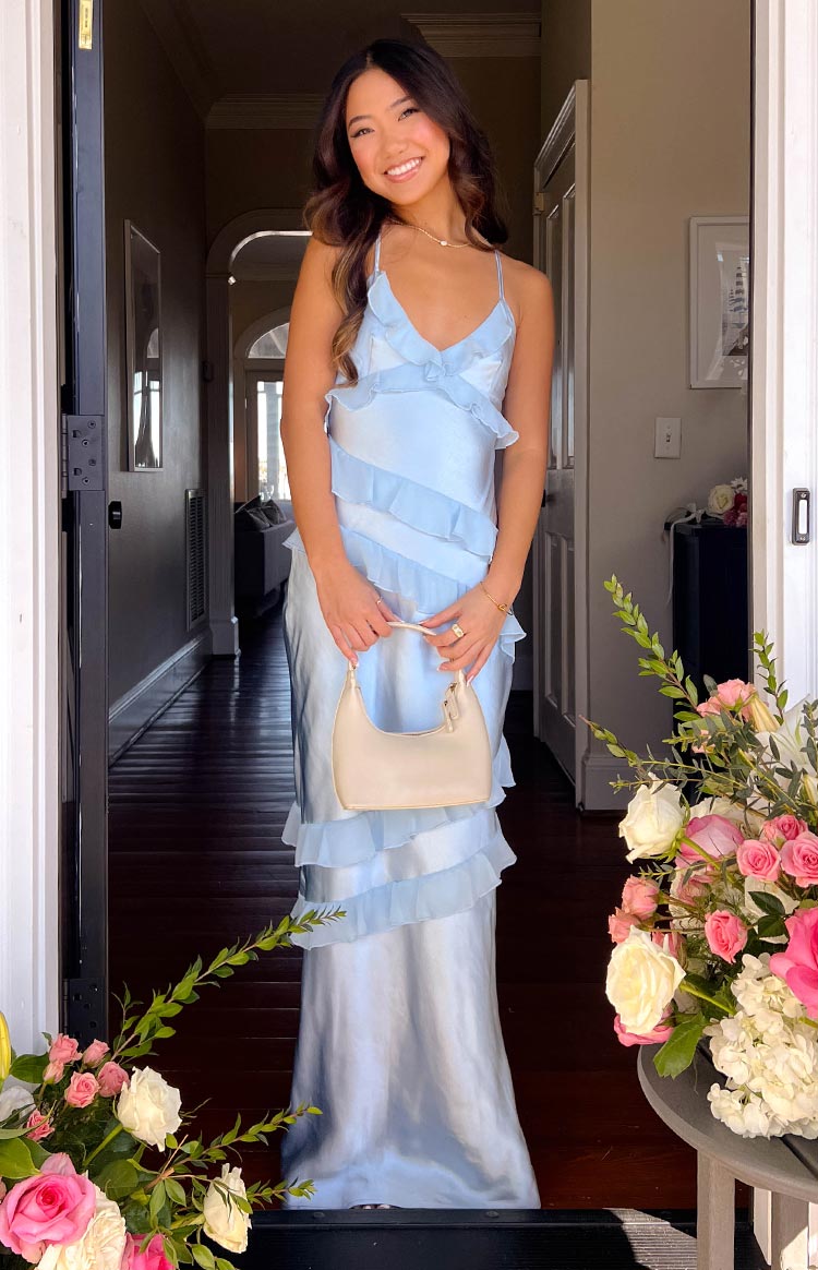 Satin V-Neck Spaghetti Strap Tiered Ruffle Maxi Prom Dress 9