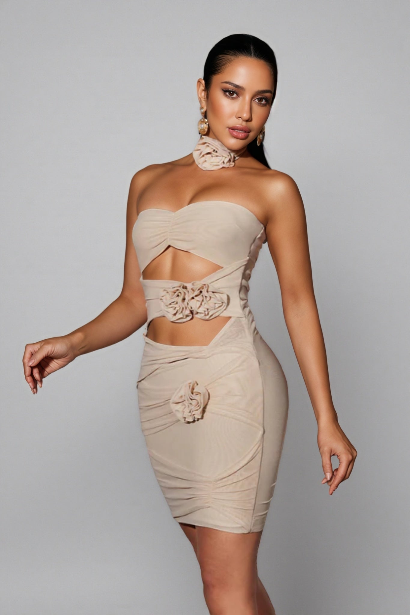 3D Floral Strapless Cut Out Ruched Bodycon Mini Dress