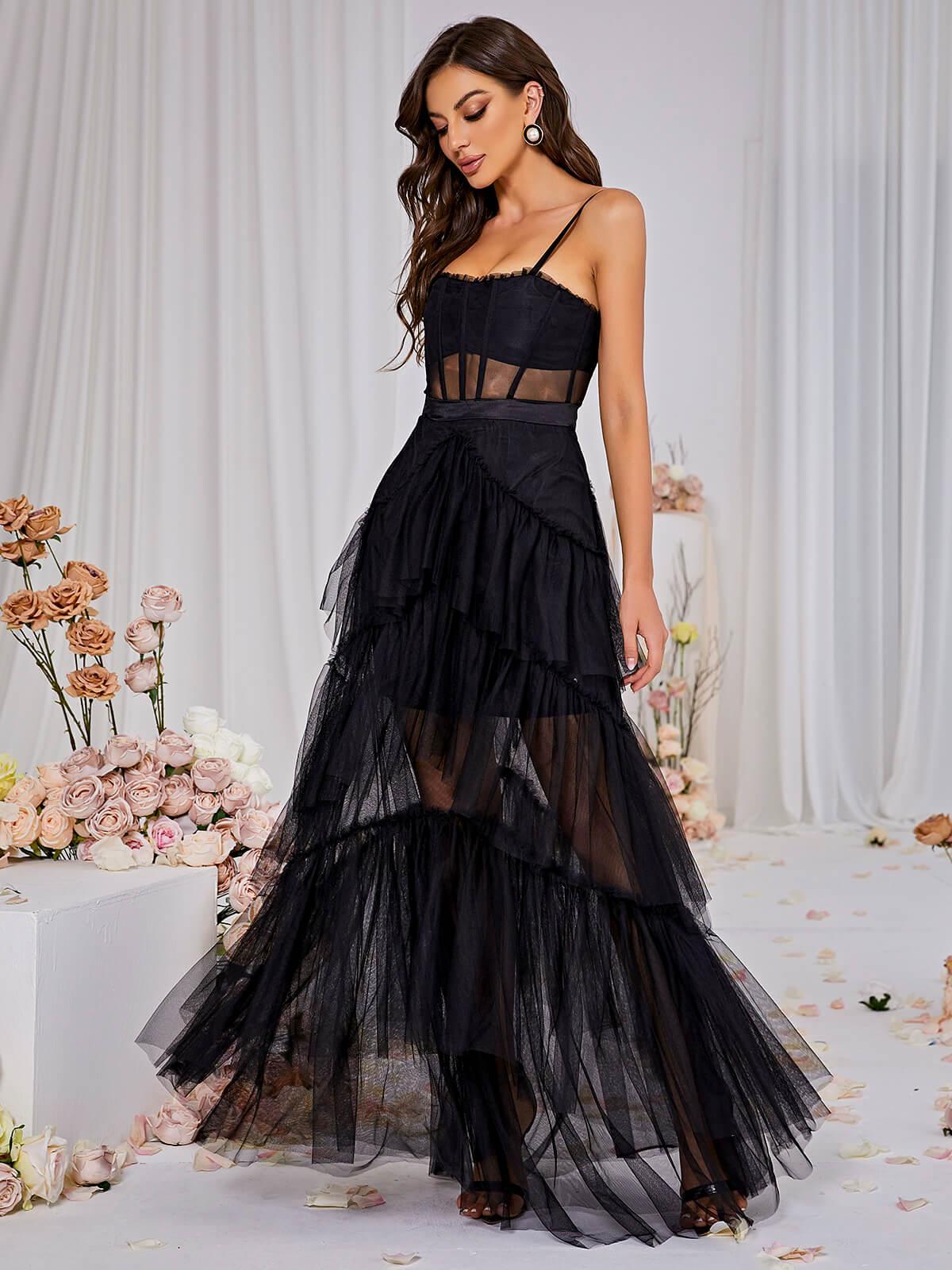Spaghetti Strap Sheer Corset Bodice Tiered Tulle Maxi Dress