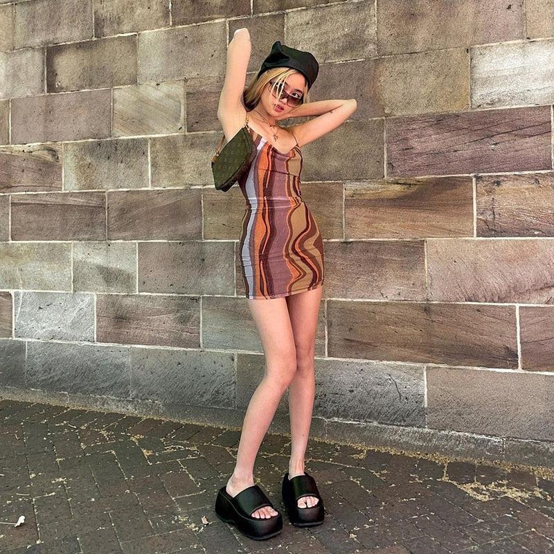 Marble Print Square Neck Spaghetti Strap Bodycon Mini Dress