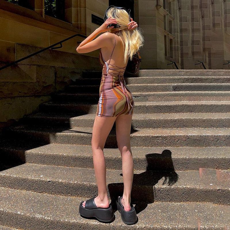 Marble Print Square Neck Spaghetti Strap Bodycon Mini Dress