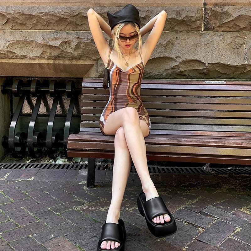 Marble Print Square Neck Spaghetti Strap Bodycon Mini Dress