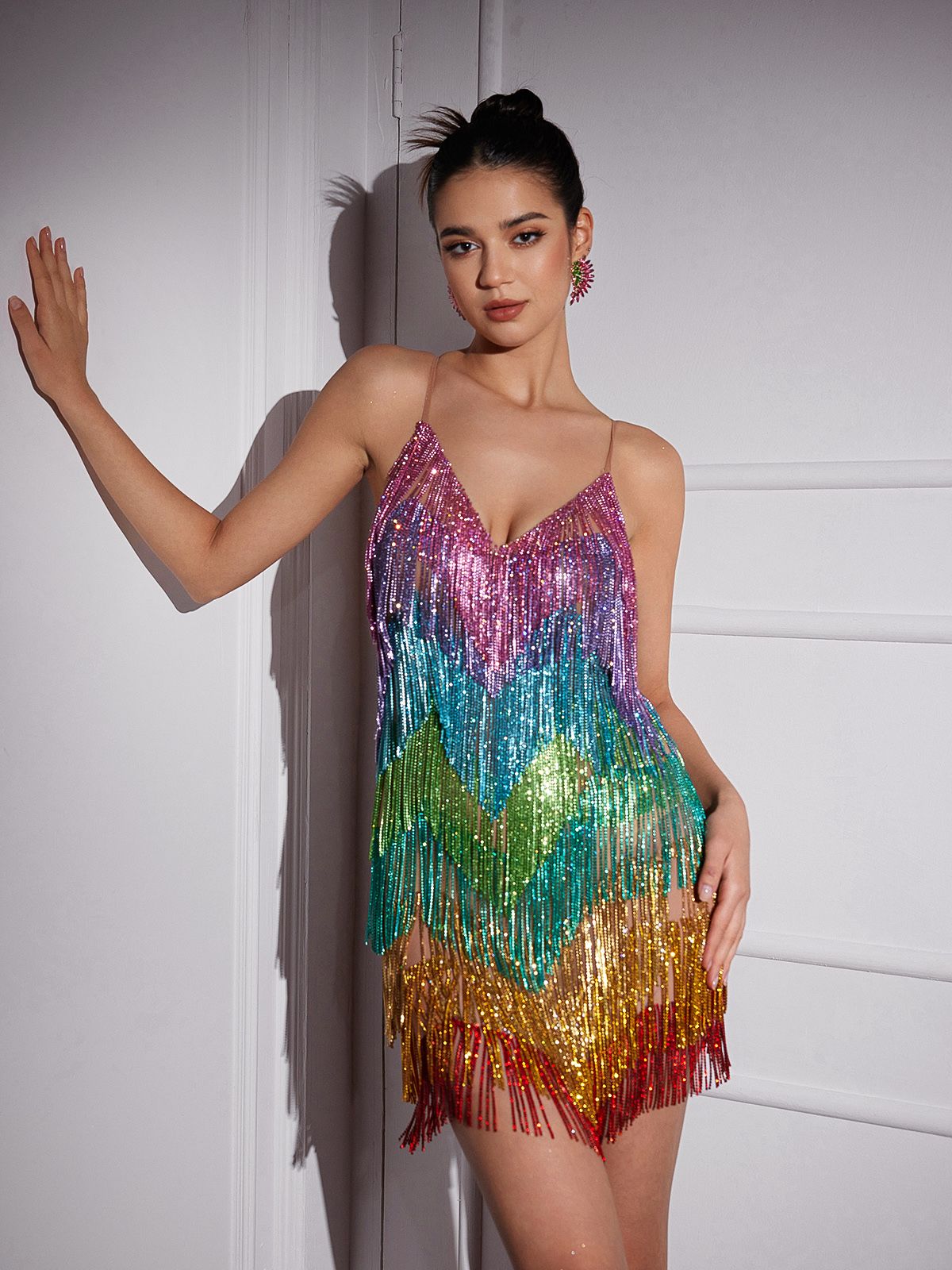 V-Neck Crystal Chevron Fringe Tiered Mini Dress