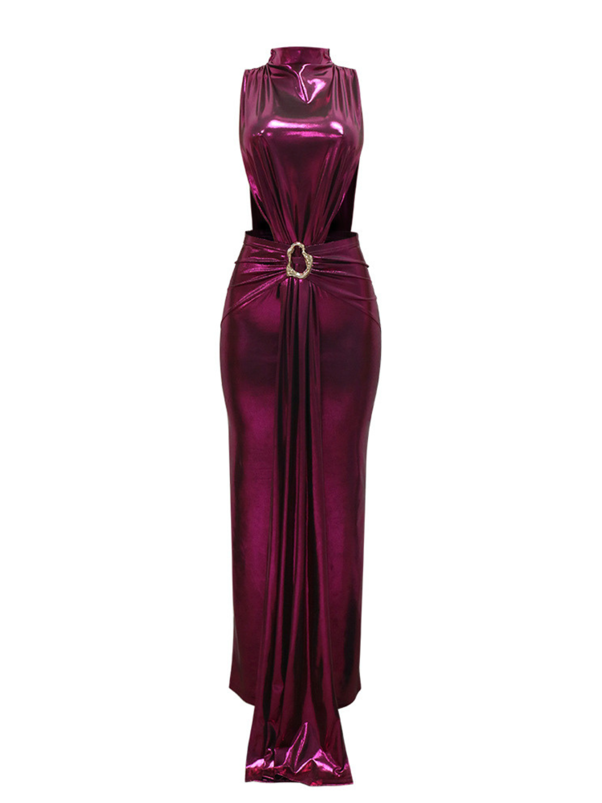 Metallic Side Cut Out Draped Mock Neck Sleeveless Maxi Gown