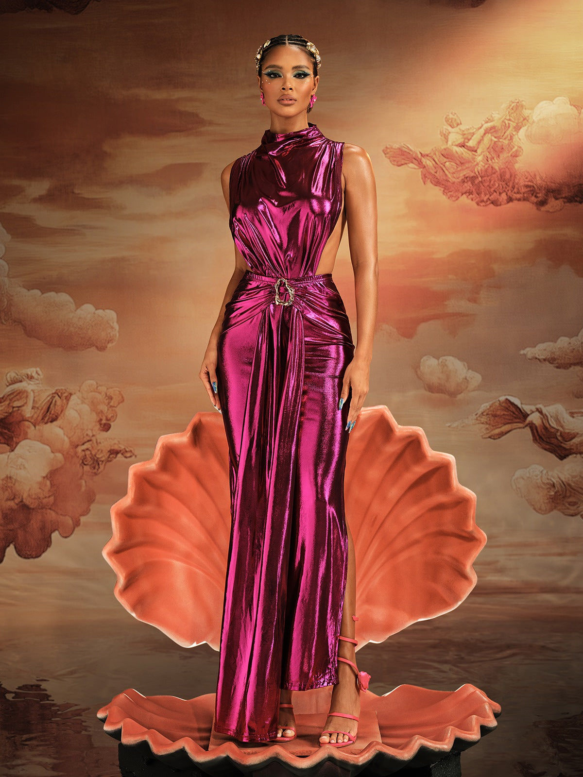 Metallic Side Cut Out Draped Mock Neck Sleeveless Maxi Gown