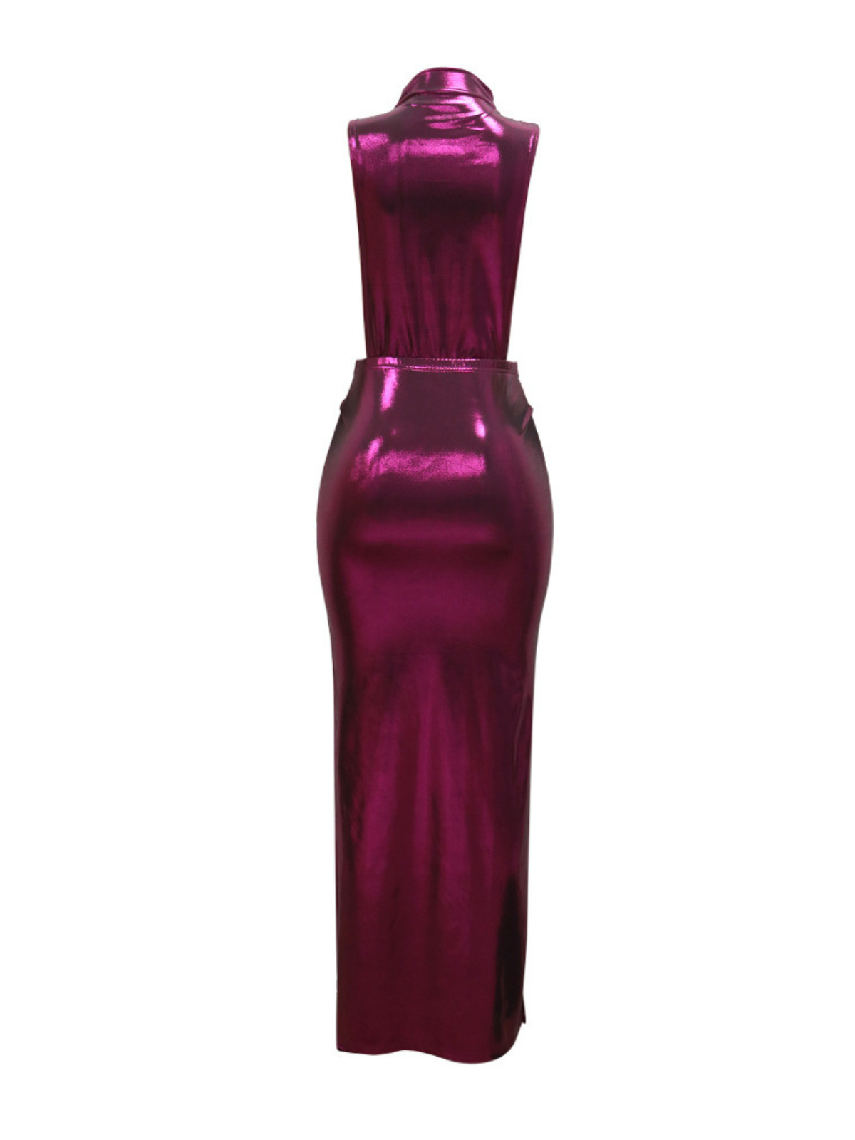 Metallic Side Cut Out Draped Mock Neck Sleeveless Maxi Gown