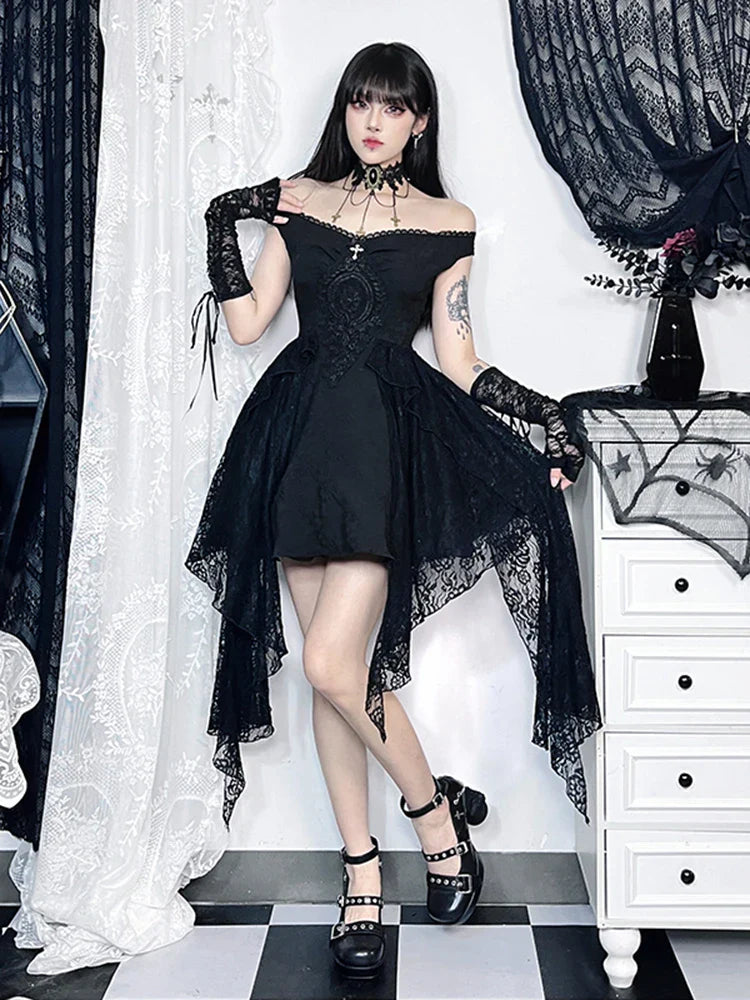 Gothic Folds Corsets ALine Black Off Shoulder Ball Gown Women Grunge Vintage Aesthetic Harajuku Partywear Dress