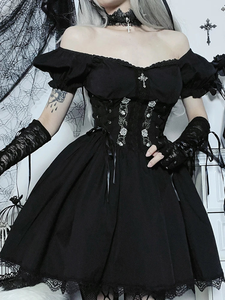 Gothic A Line Pleated Hem Harajuku Lolita Lace Trim Summer Dress