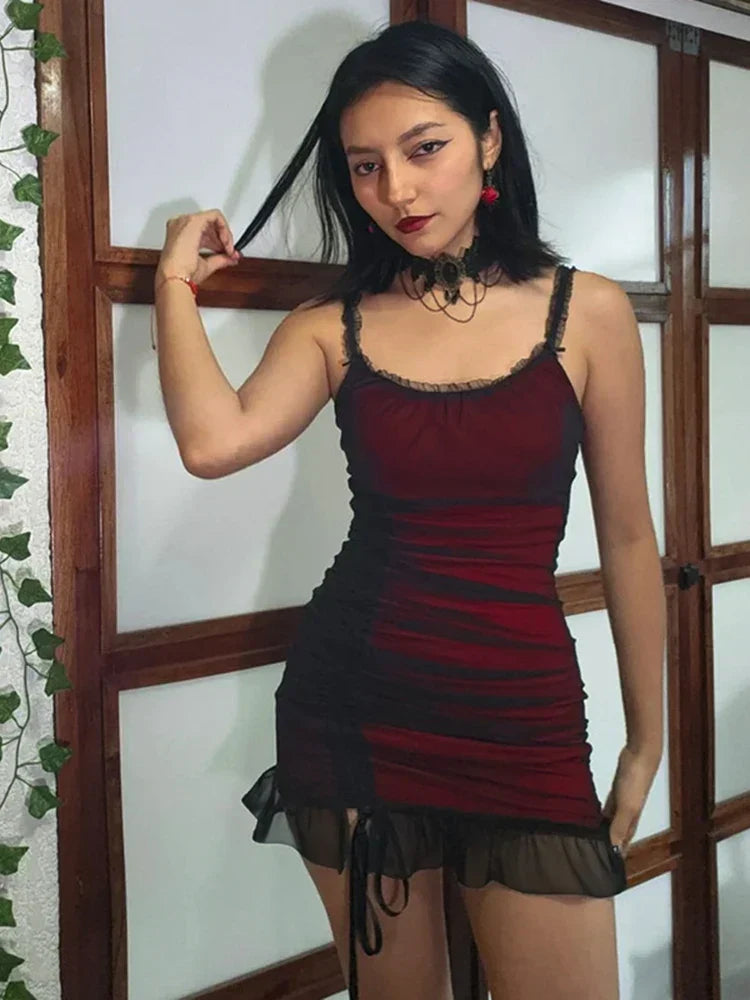 Square Neck Spaghetti Strap Ruched Lace Trim Bodycon Mini Dress