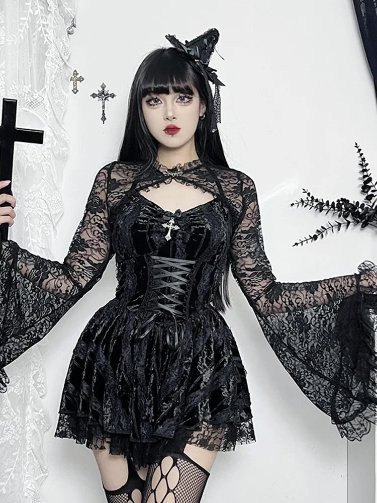 Velvet Halter Neck Lace Up Corset Tiered Ruffle Mini Dress