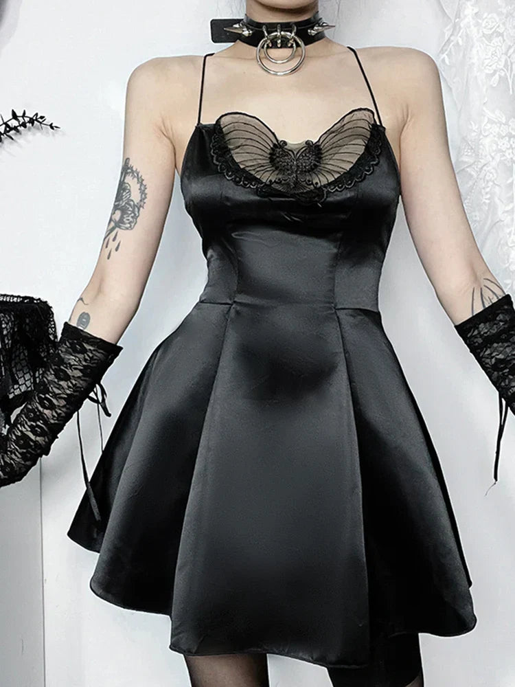 Satin Sweetheart Butterfly Applique Fit and Flare Mini Dress