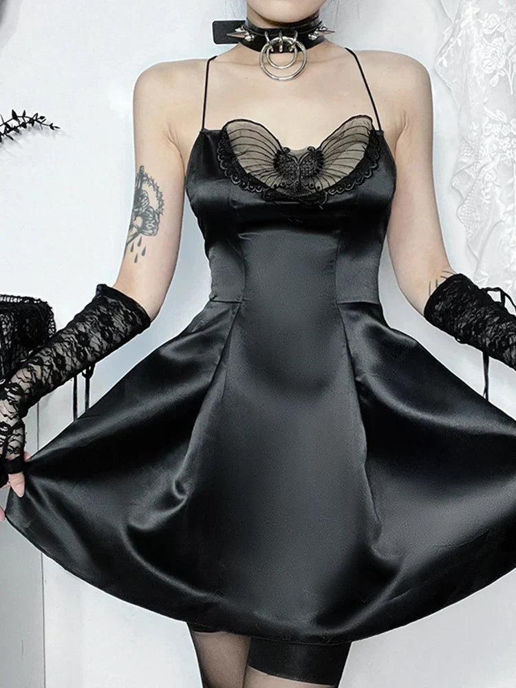 Satin Sweetheart Butterfly Applique Fit and Flare Mini Dress