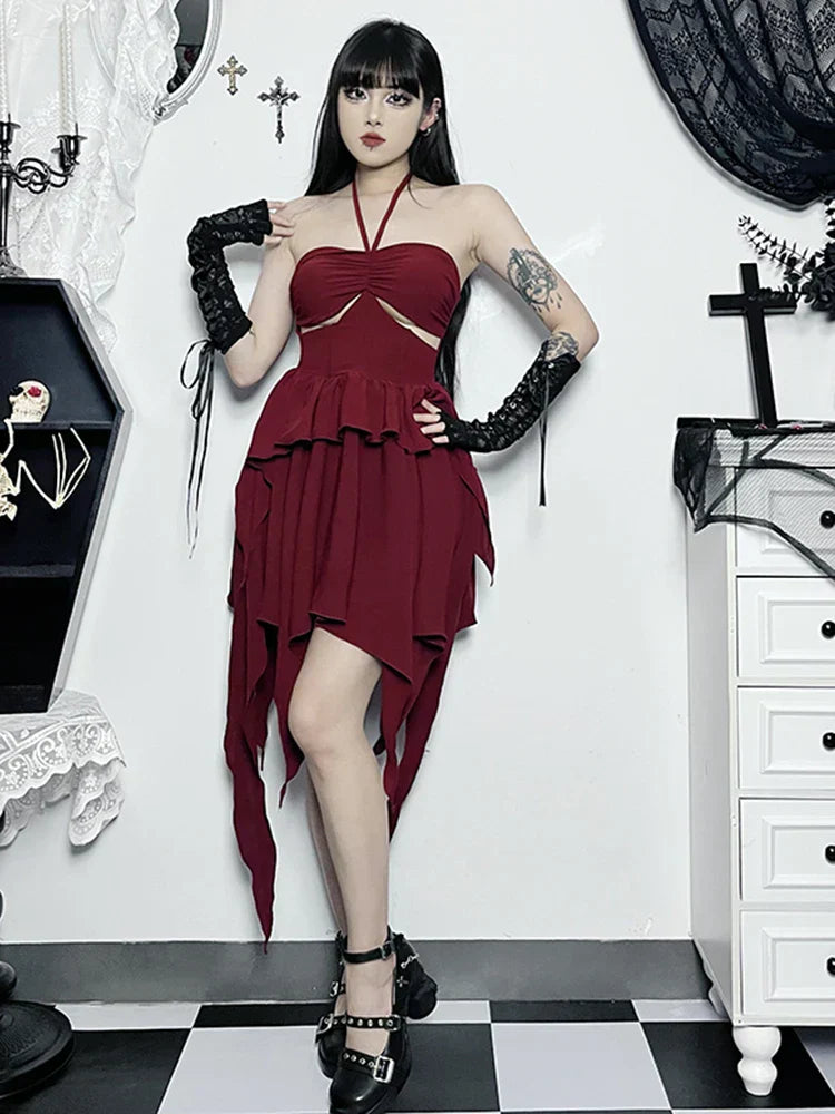 Halter Neck Cut Out Ruffle Asymmetric Hem Mini Dress
