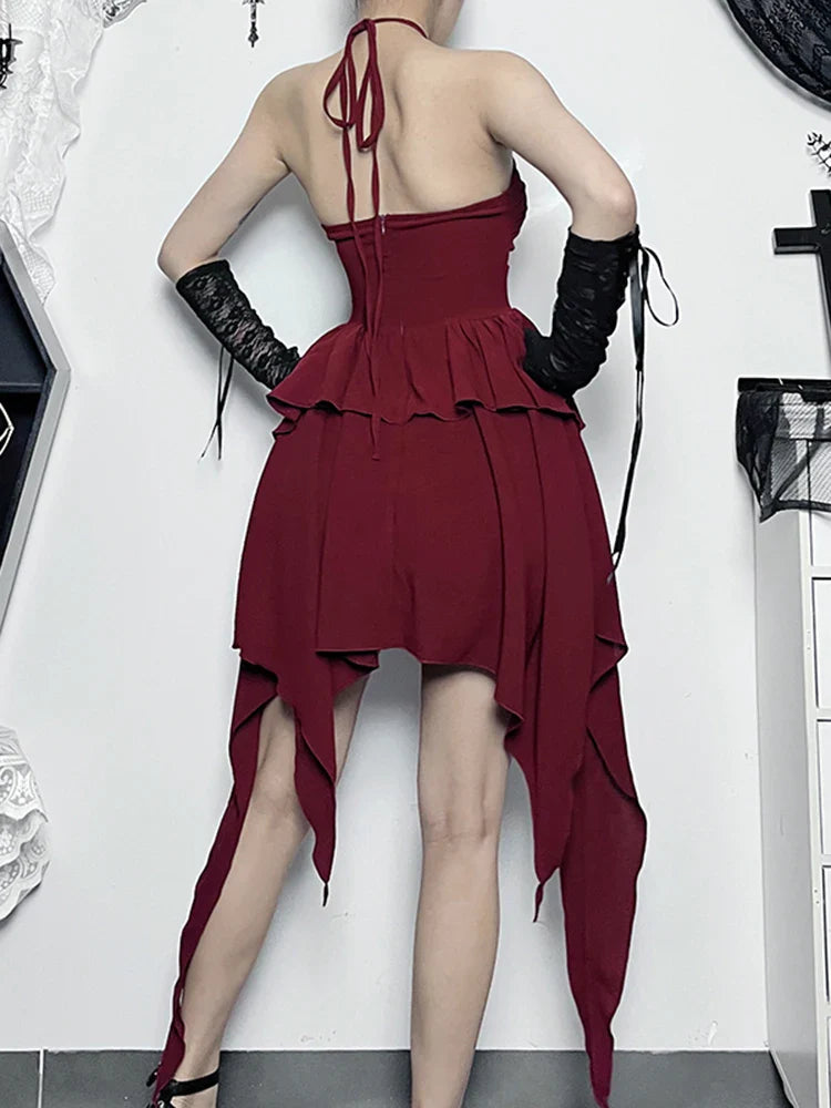 Halter Neck Sleeveless Ruched Bodycon Asymmetrical ALine Hem Party Cocktail Mini Dress