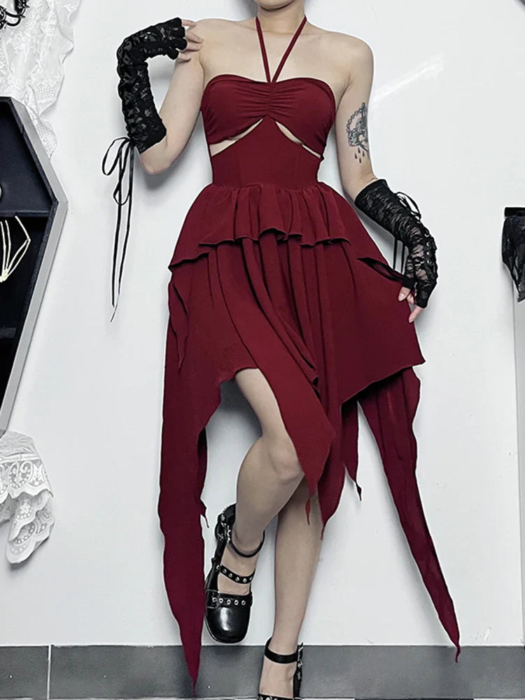 Halter Neck Sleeveless Ruched Bodycon Asymmetrical ALine Hem Party Cocktail Mini Dress