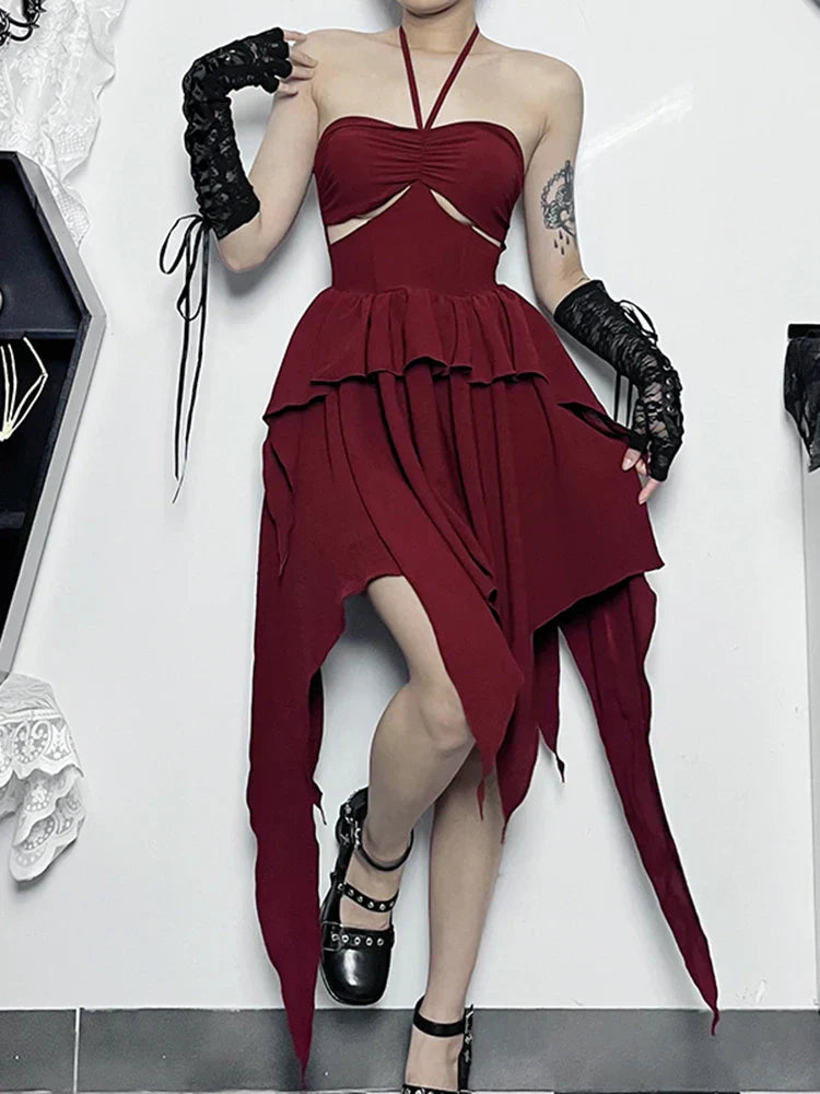 Halter Neck Cut Out Ruffle Asymmetric Hem Mini Dress