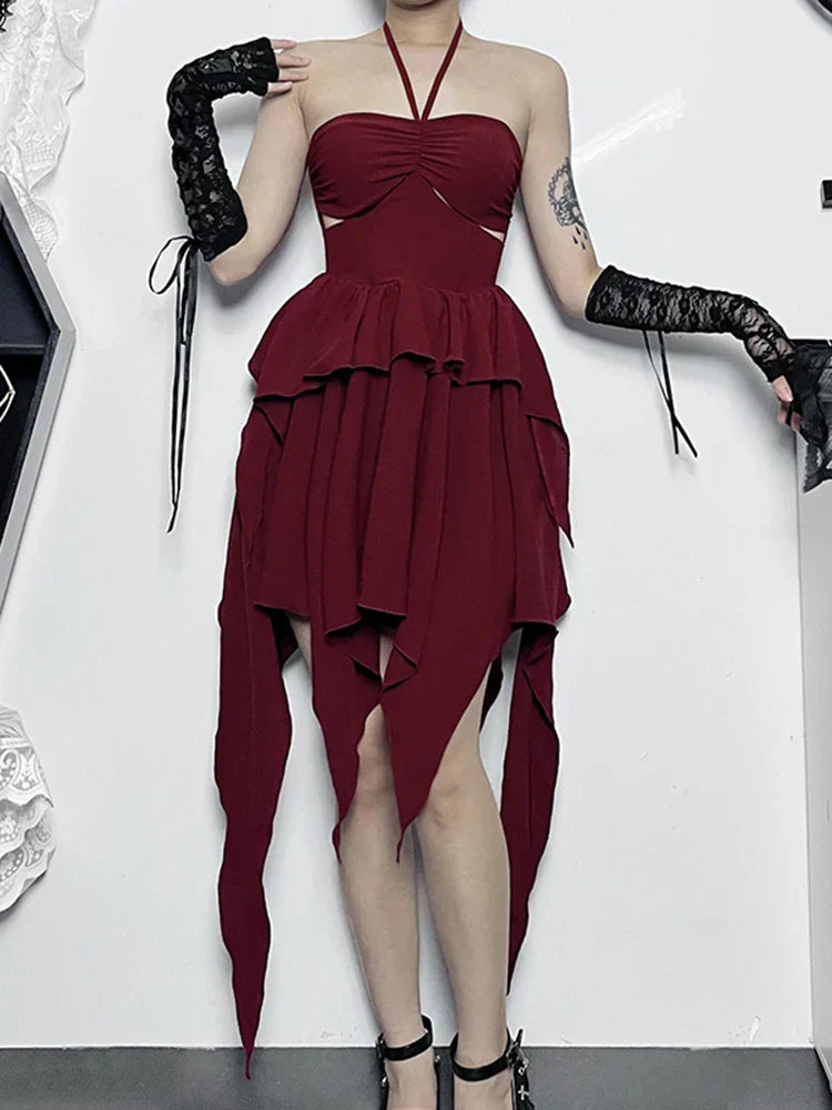 Halter Neck Cut Out Ruffle Asymmetric Hem Mini Dress