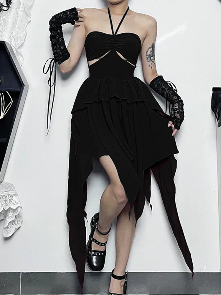Halter Neck Cut Out Ruffle Asymmetric Hem Mini Dress