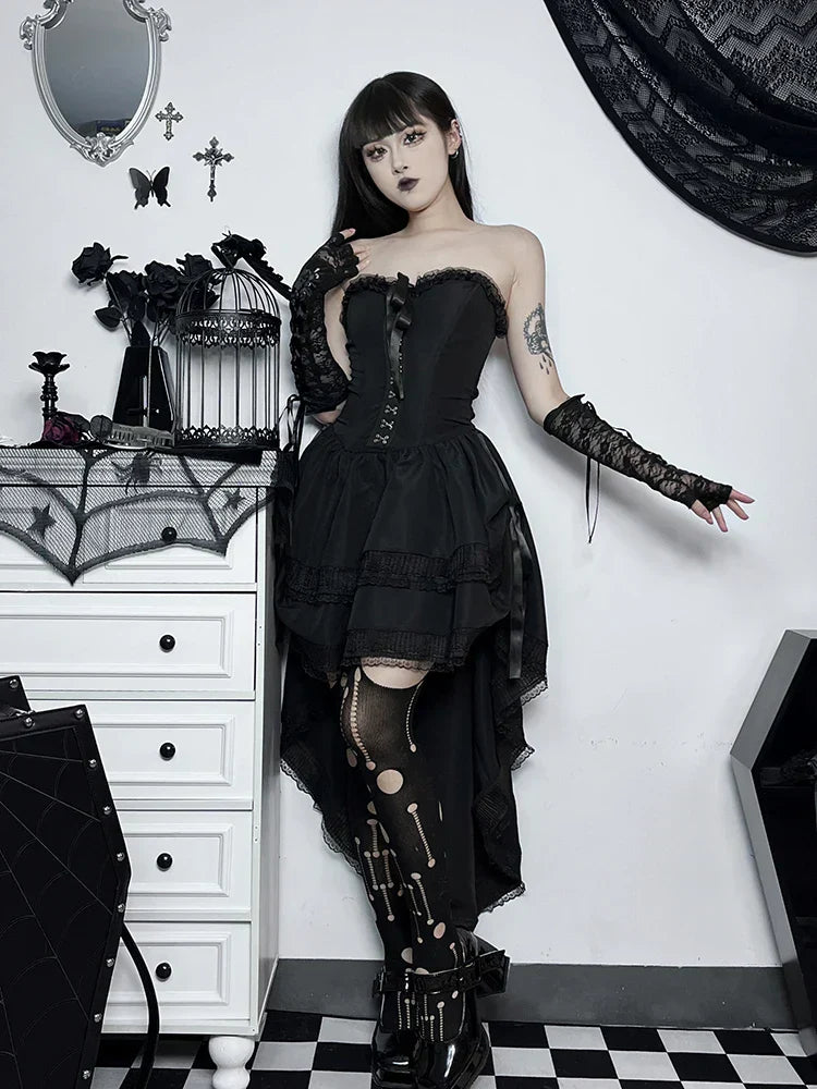 Strapless Corset Lace Trim High Low Ruffle Mini Dress