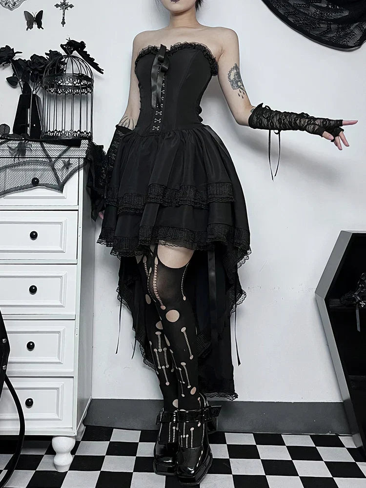 Corset Strapless Lace Trim High Low Ruffle Dress