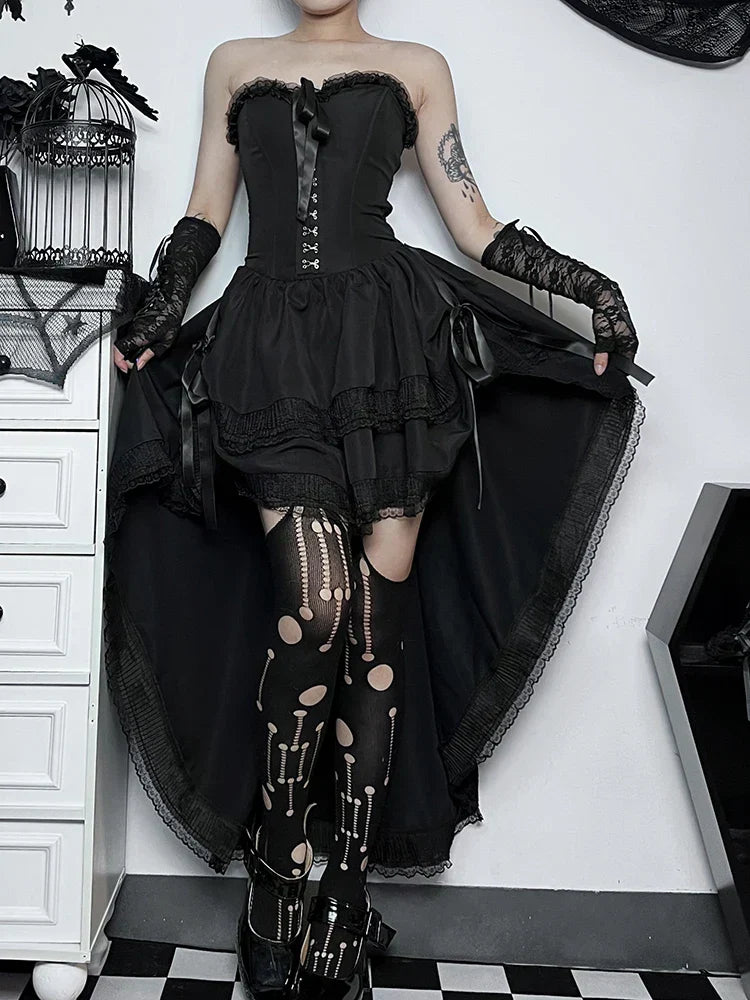Corset Strapless Lace Trim High Low Ruffle Dress
