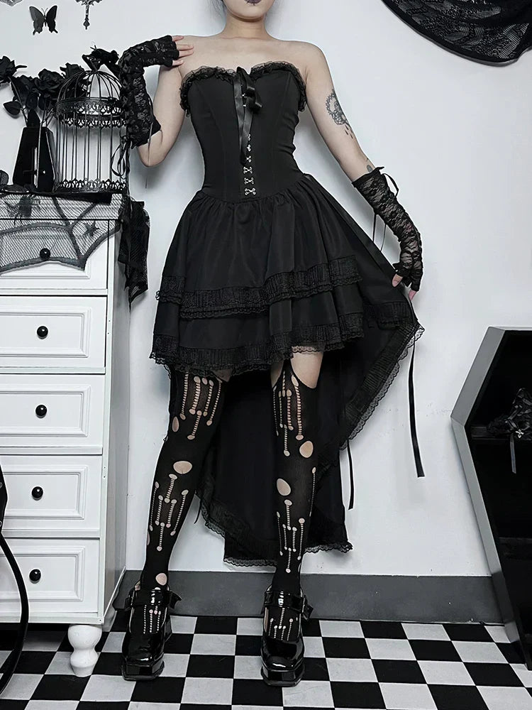 Strapless Corset Lace Trim High Low Ruffle Mini Dress