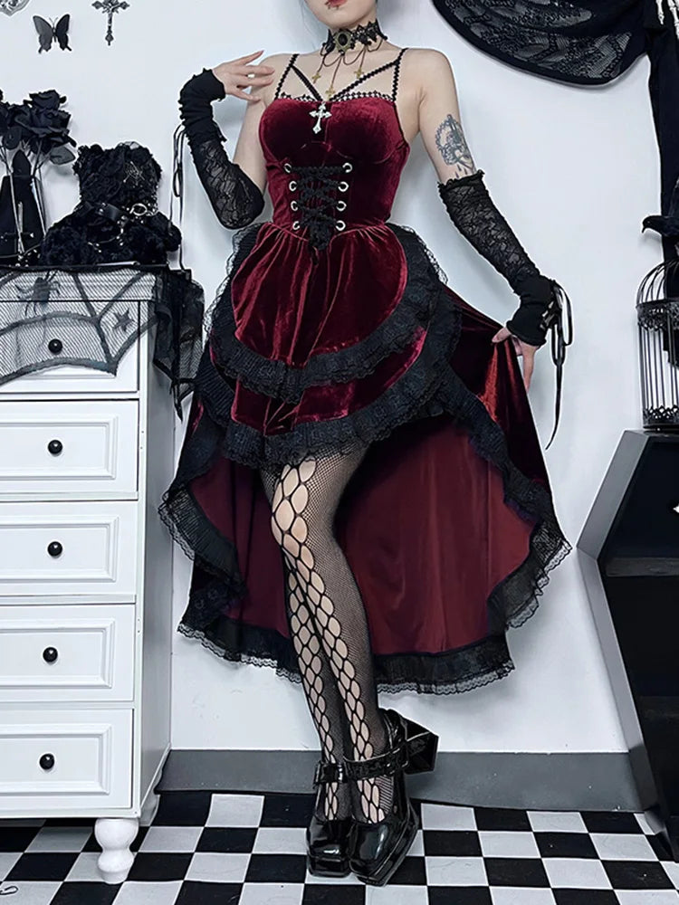 Velvet Sweetheart Spaghetti Strap Corset Ruffle High Low Dress