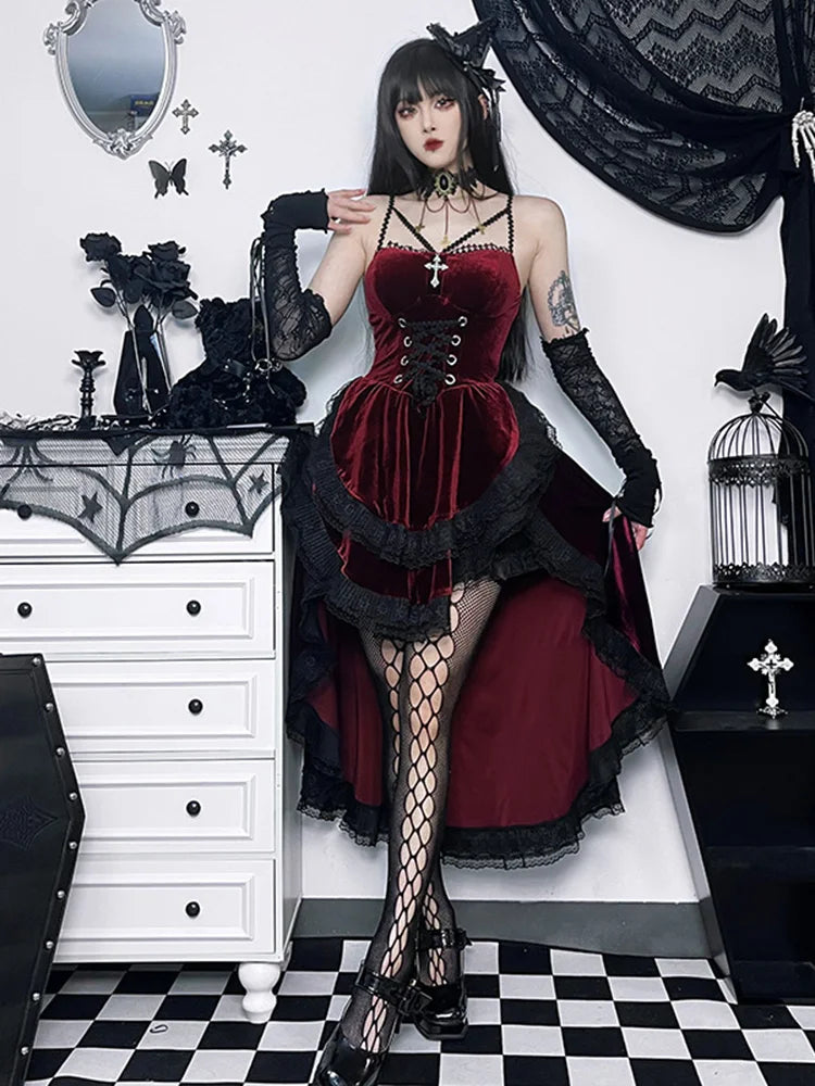 Velvet Sweetheart Spaghetti Strap Corset Ruffle High Low Dress