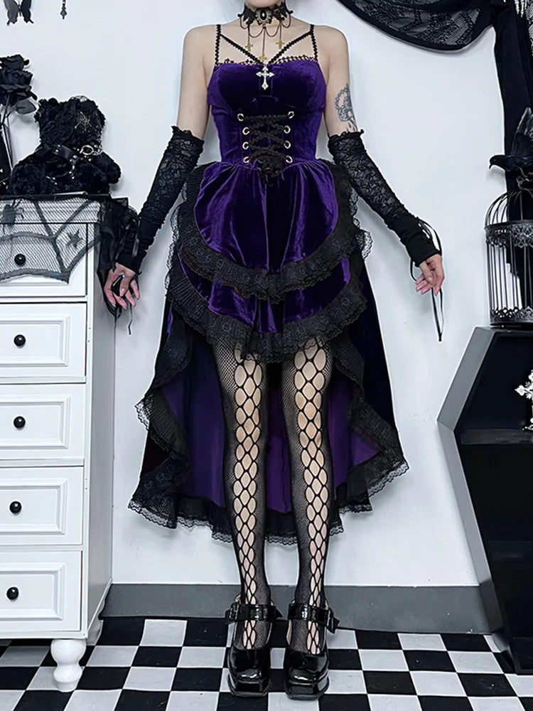 Velvet Sweetheart Spaghetti Strap Corset Ruffle High Low Dress