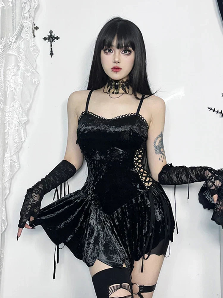 Velvet Lace Up Side Spaghetti Strap Asymmetric Hem Mini Dress 2