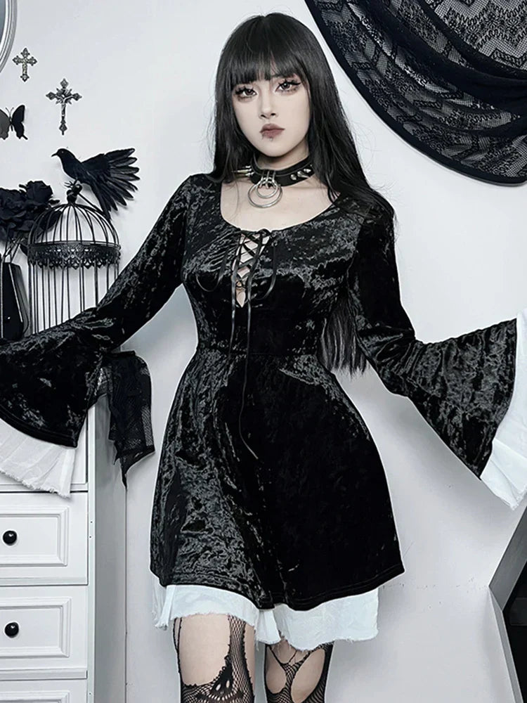 Velvet Lace Up Deep Scoop Neck Bell Sleeve Ruffle Trim Mini Dress