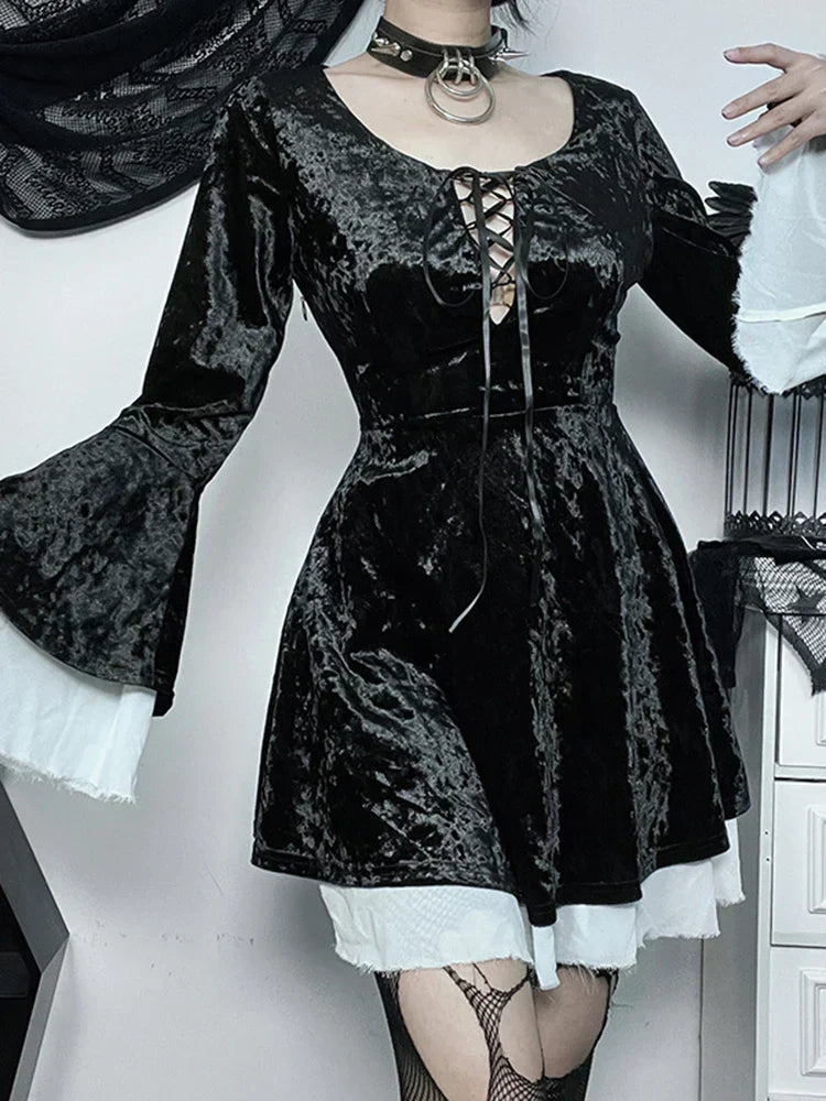 Velvet Lace Up Deep Scoop Neck Bell Sleeve Ruffle Trim Mini Dress