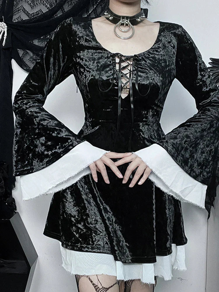 Velvet Lace Up Deep Scoop Neck Bell Sleeve Ruffle Trim Mini Dress