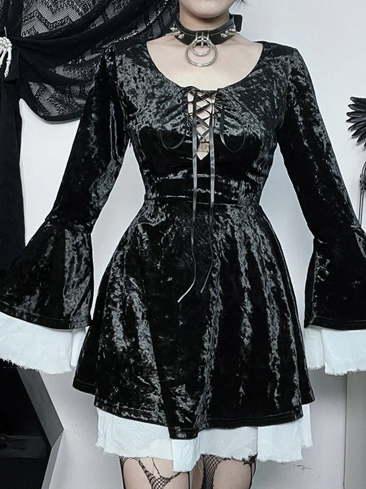 Velvet Lace Up Deep Scoop Neck Bell Sleeve Ruffle Trim Mini Dress