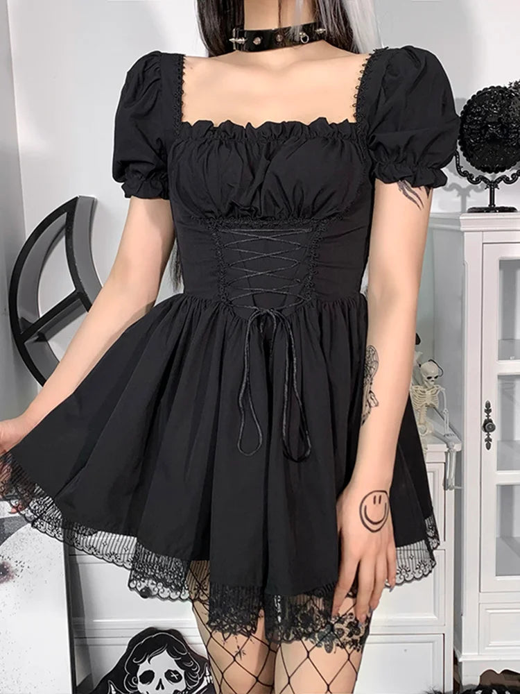 Corset Lace Up Square Neck Puff Sleeve Lace Trim Mini Dress