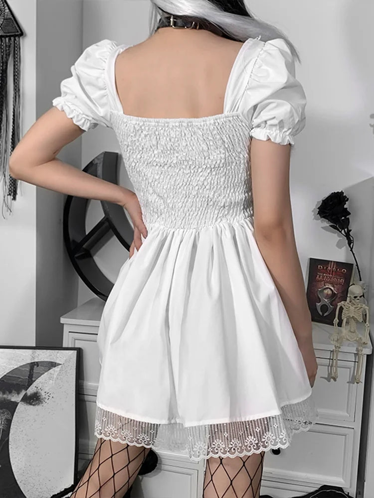 Corset Lace Up Square Neck Puff Sleeve Lace Trim Mini Dress