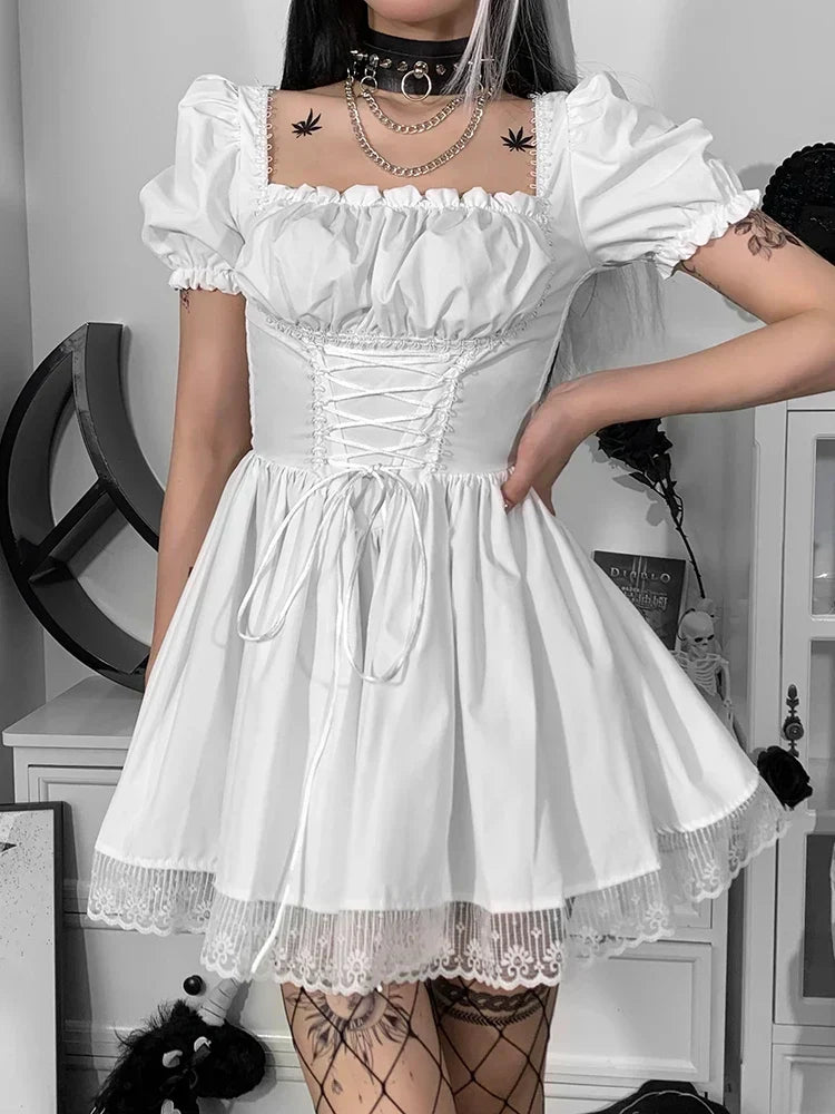Corset Lace Up Square Neck Puff Sleeve Lace Trim Mini Dress