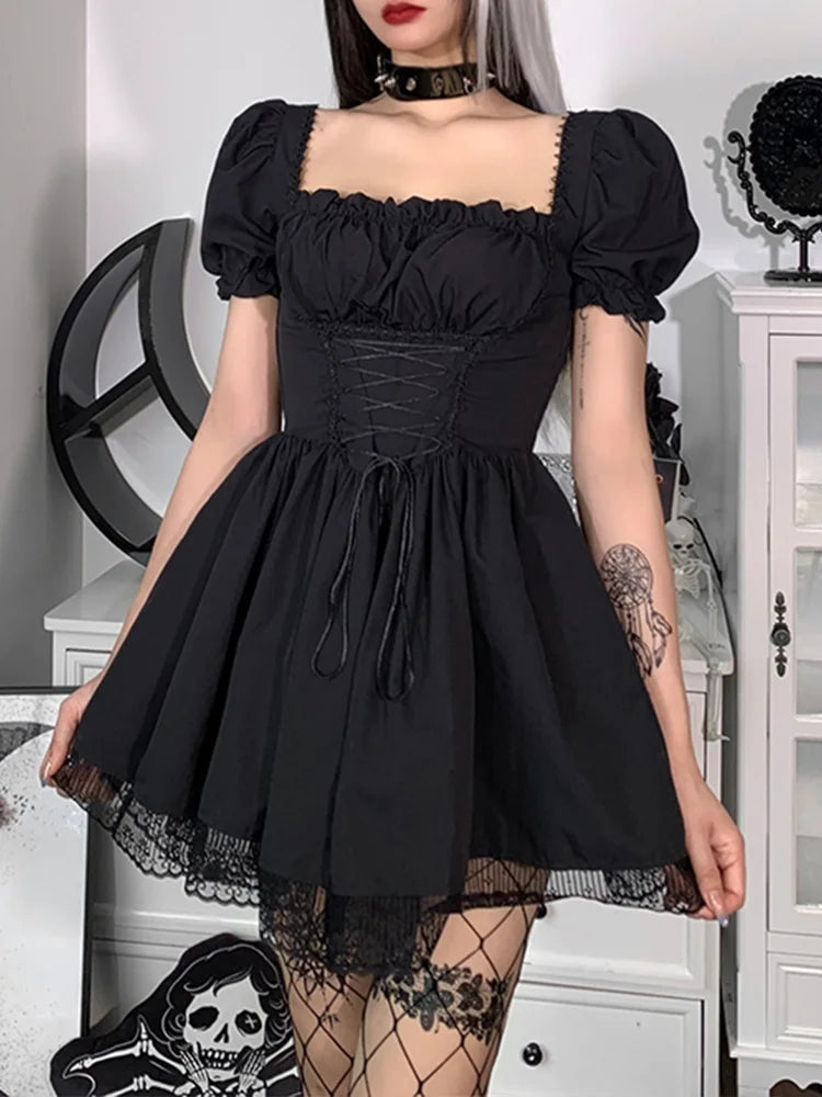 Corset Lace Up Square Neck Puff Sleeve Lace Trim Mini Dress