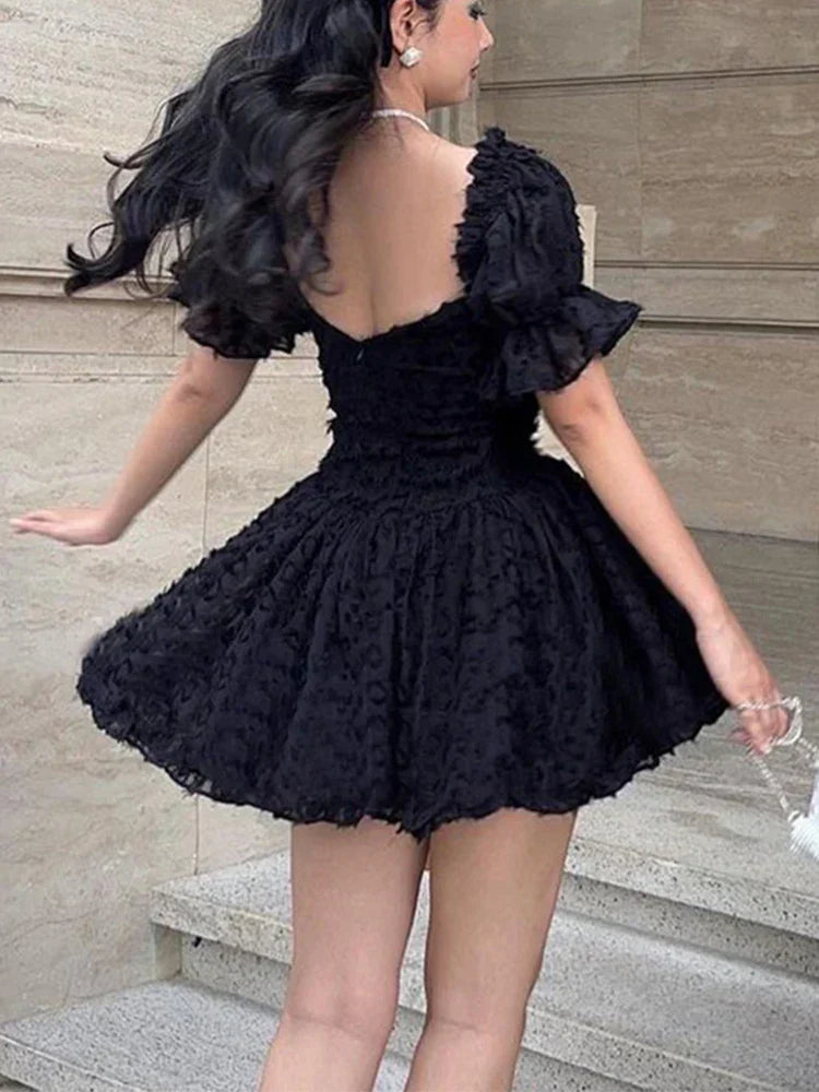 Leopard Off Shoulder Puff Sleeve Corset Ruffle Mini Dress