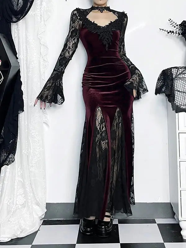 Velvet Deep V-Neck Bell Sleeve Lace Trim Mermaid Maxi Gown