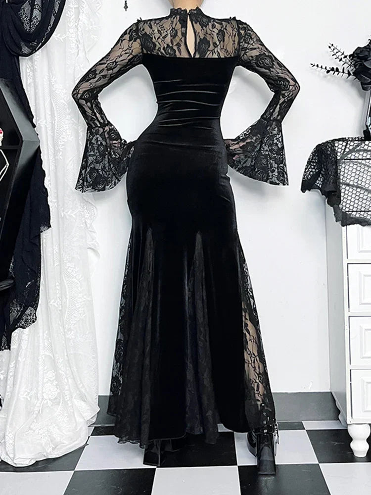 Velvet Deep V-Neck Bell Sleeve Lace Trim Mermaid Maxi Gown