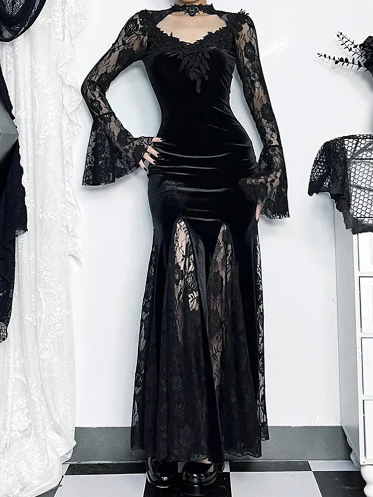 Velvet Deep V-Neck Bell Sleeve Lace Trim Mermaid Maxi Gown