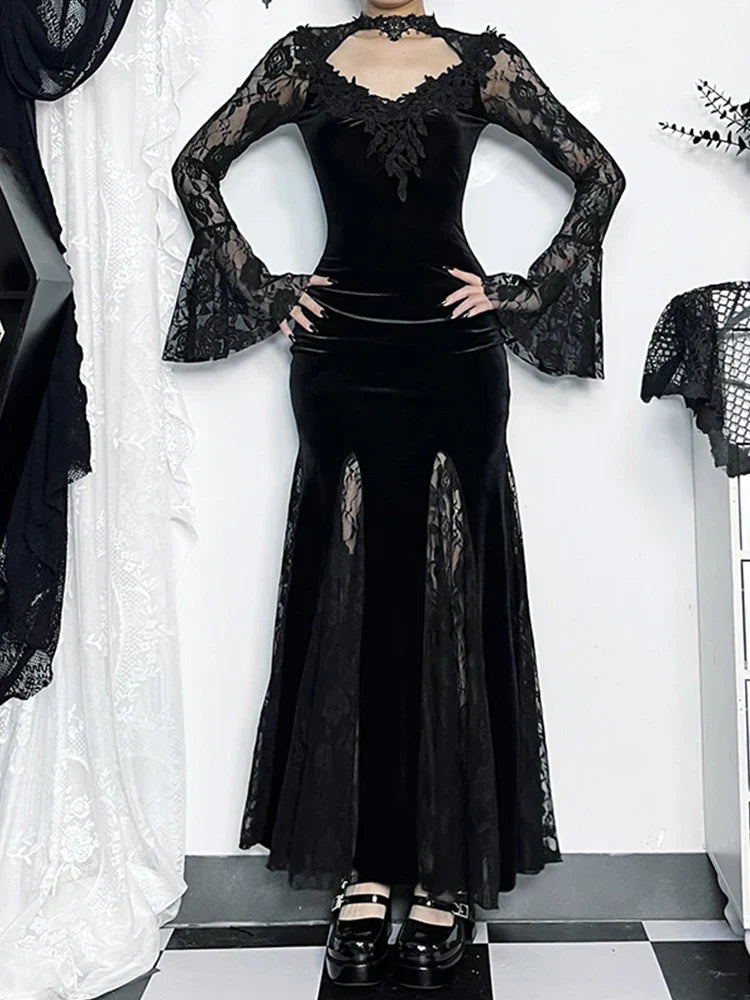 Velvet Deep V-Neck Bell Sleeve Lace Trim Mermaid Maxi Gown