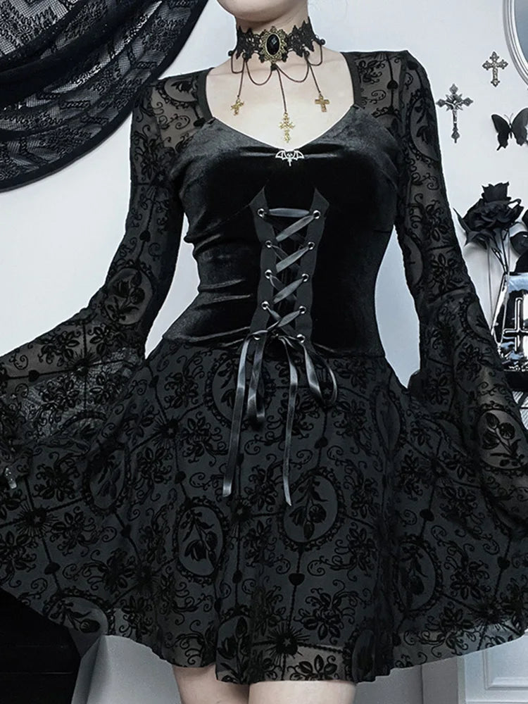 Velvet Sweetheart Bell Sleeve Lace Up Corset Fit and Flare Mini Dress