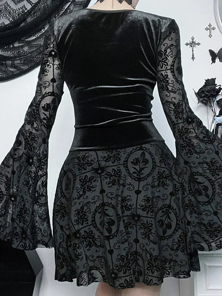 Velvet Sweetheart Bell Sleeve Lace Up Corset Fit and Flare Mini Dress