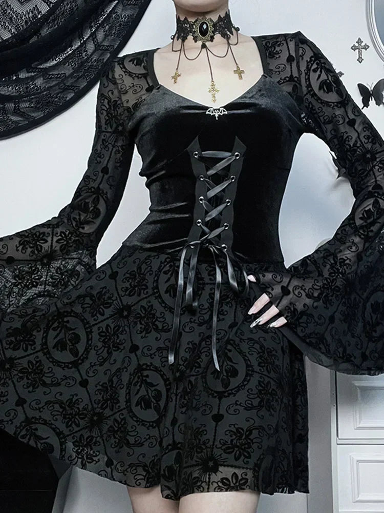 Velvet Sweetheart Bell Sleeve Lace Up Corset Fit and Flare Mini Dress