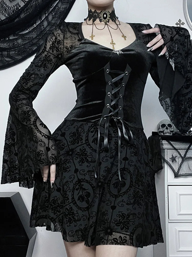 Velvet Sweetheart Bell Sleeve Lace Up Corset Fit and Flare Mini Dress