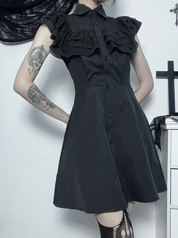 Mall Harajuku EGirl Mesh Patchwork Black Slim ALine Party Grunge Aesthetic Streetwear Dress