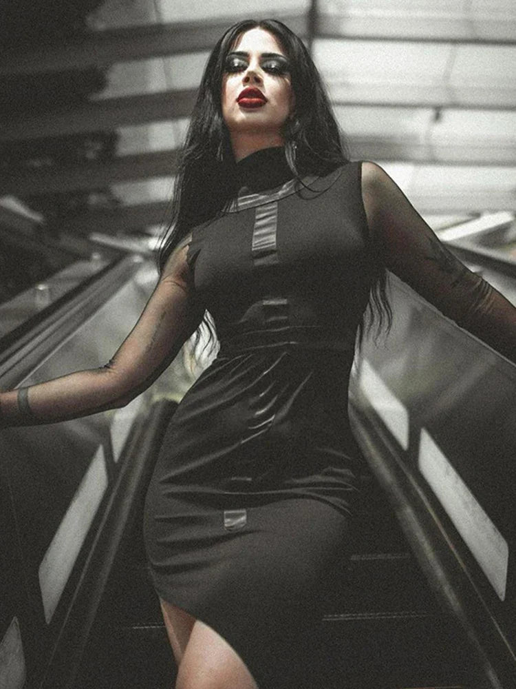 Mesh Long Sleeve High Neck Ruched Asymmetric Hem Bodycon Midi Dress